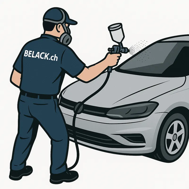 Autolackierer von Belack lackiert eine Motorhaube mit der Spritzpistole